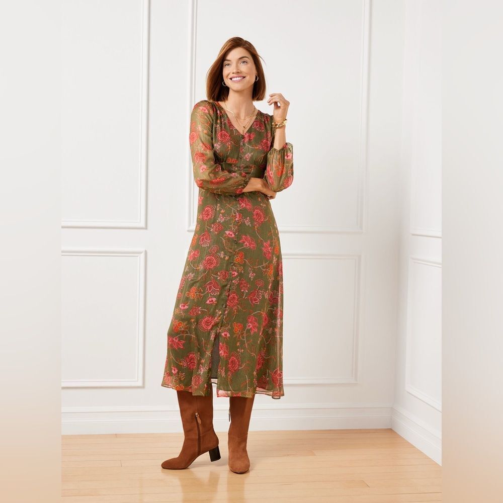Talbots Green and Pink Floral Midi Dress Size 14